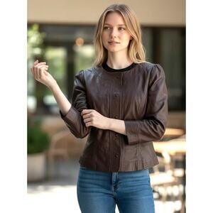 Semantiks Brown 100% Leather Jacket Coat M Medium Snap Front Lined Cropped ~ EUC